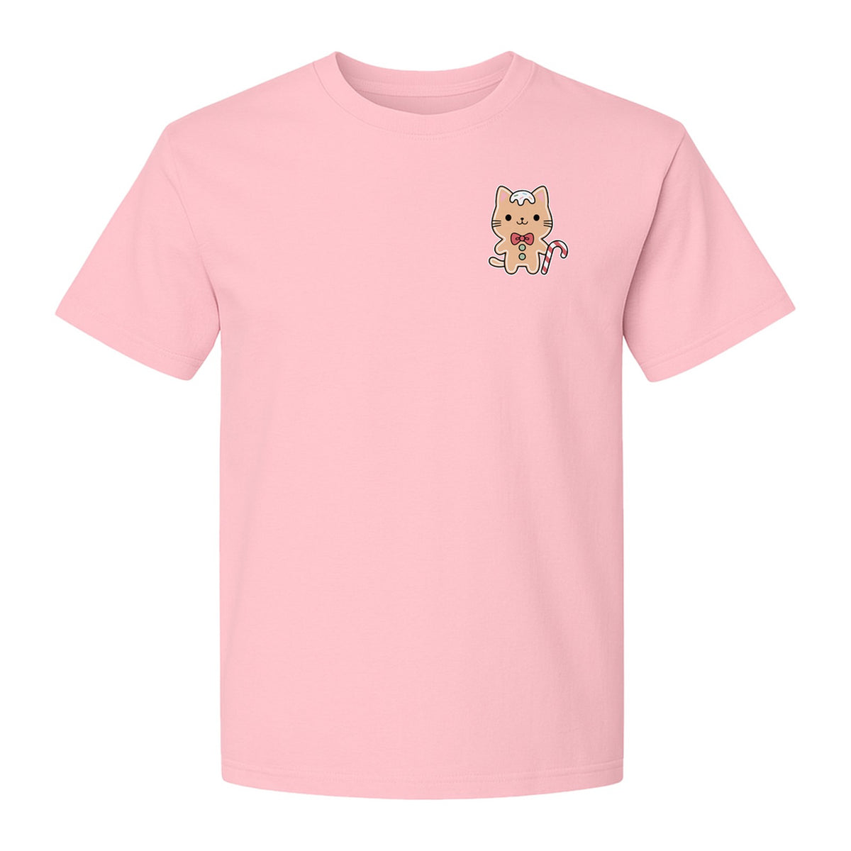 Gingerbread Cat T-Shirt, Kawaii Kitty Holiday Small Left Chest Graphic for Christmas Parties