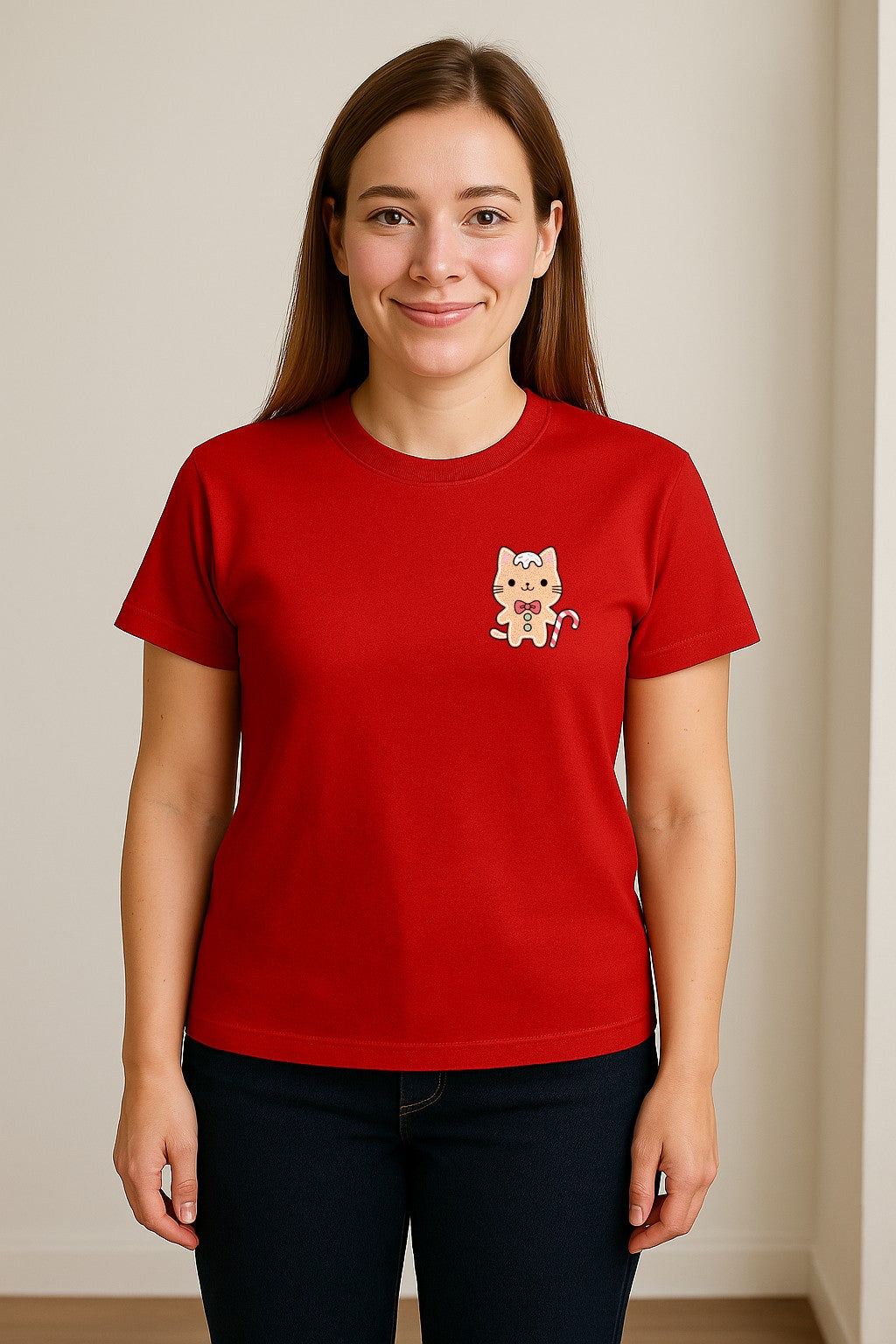 Gingerbread Cat T-Shirt, Kawaii Kitty Holiday Small Left Chest Graphic for Christmas Parties
