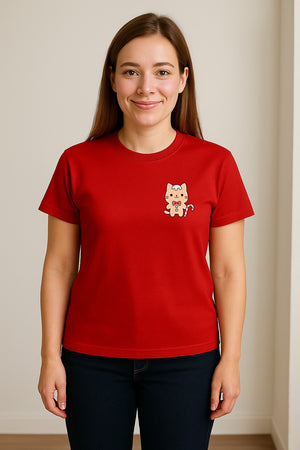 Gingerbread Cat T-Shirt, Kawaii Kitty Holiday Small Left Chest Graphic for Christmas Parties