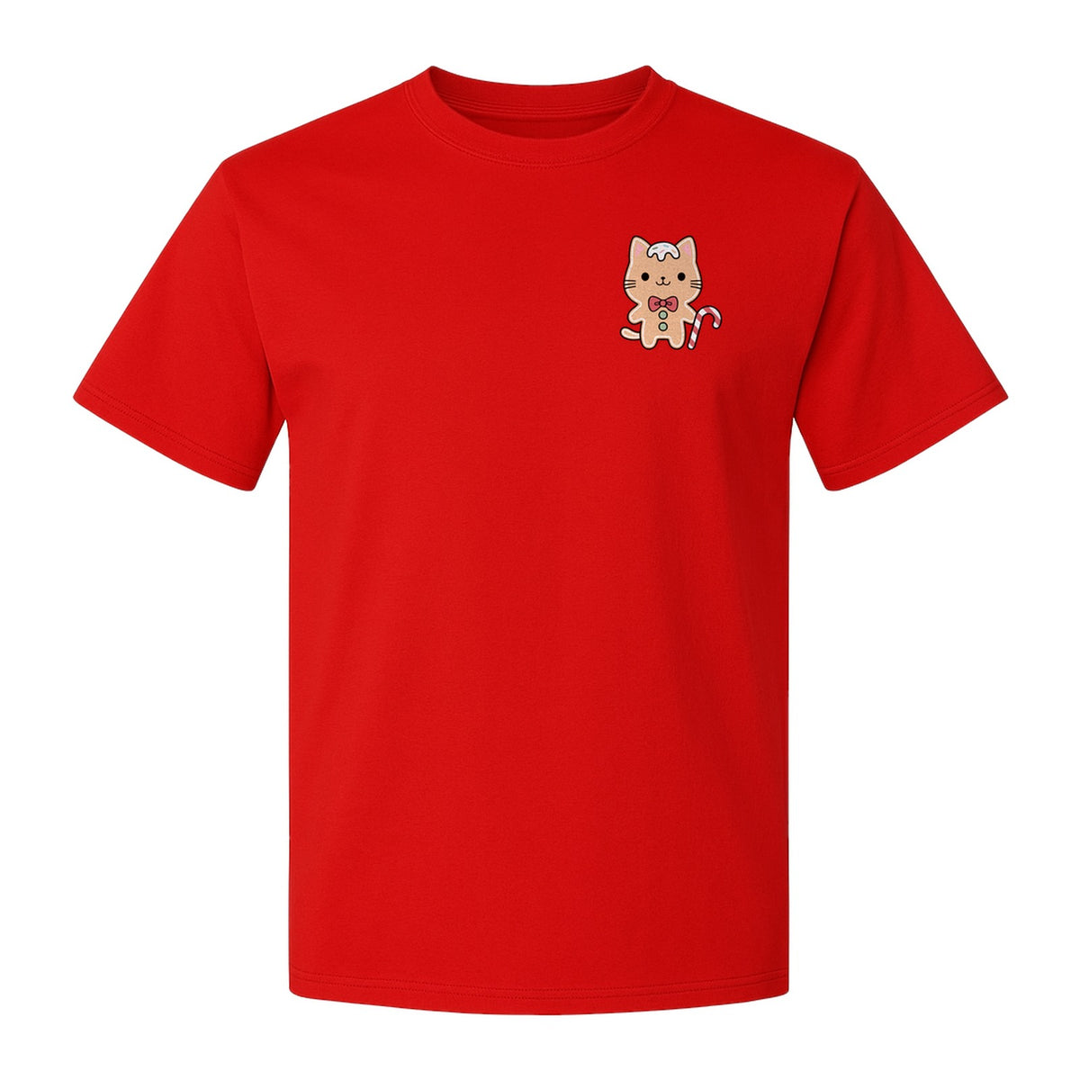 Gingerbread Cat T-Shirt, Kawaii Kitty Holiday Small Left Chest Graphic for Christmas Parties