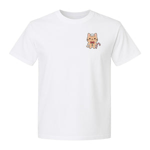 Gingerbread Cat T-Shirt, Kawaii Kitty Holiday Small Left Chest Graphic for Christmas Parties