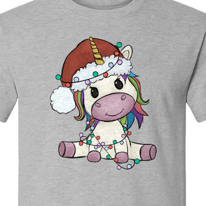 Christmas Unicorn T-Shirt, Kawaii Santa Hat and String Lights Graphic for Girls and Festive Parties