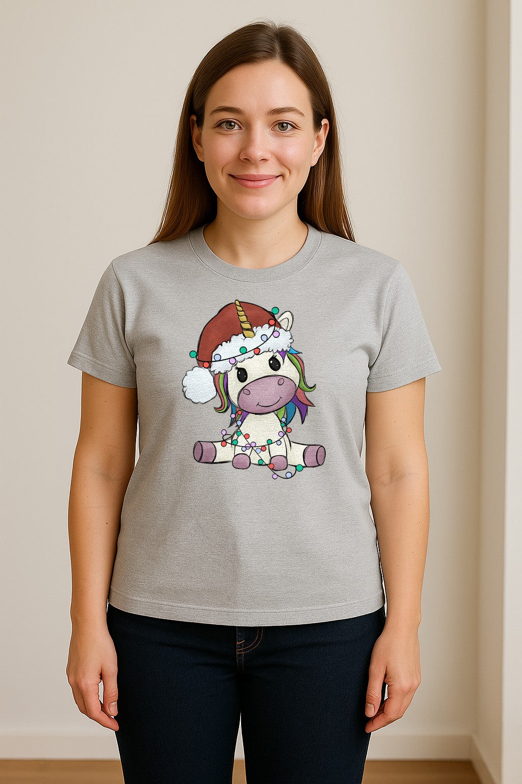 Christmas Unicorn T-Shirt, Kawaii Santa Hat and String Lights Graphic for Girls and Festive Parties