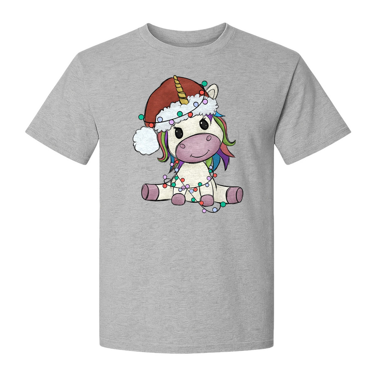 Christmas Unicorn T-Shirt, Kawaii Santa Hat and String Lights Graphic for Girls and Festive Parties