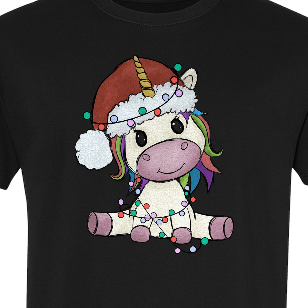 Christmas Unicorn T-Shirt, Kawaii Santa Hat and String Lights Graphic for Girls and Festive Parties