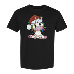 Christmas Unicorn T-Shirt, Kawaii Santa Hat and String Lights Graphic for Girls and Festive Parties