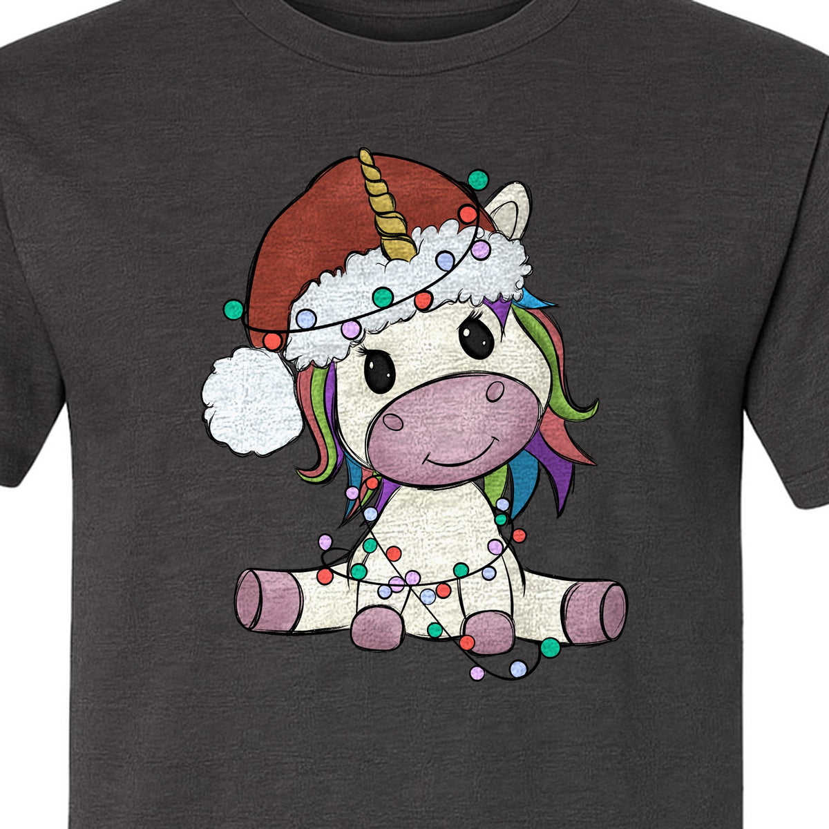 Christmas Unicorn T-Shirt, Kawaii Santa Hat and String Lights Graphic for Girls and Festive Parties