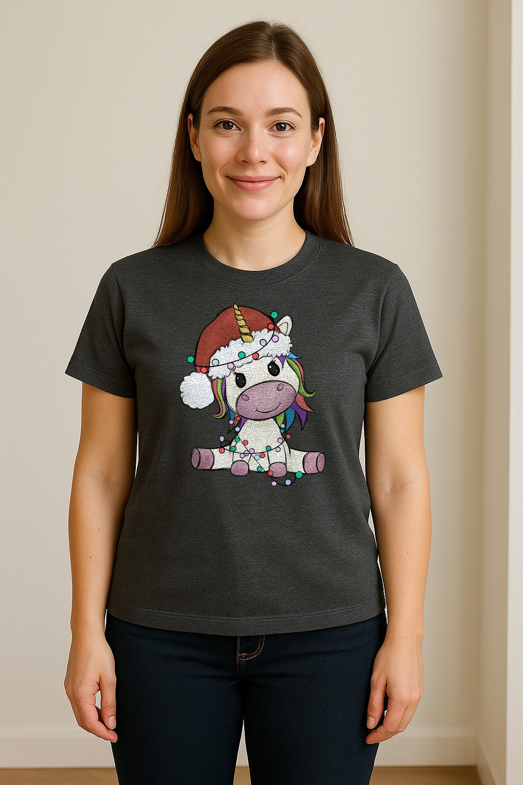 Christmas Unicorn T-Shirt, Kawaii Santa Hat and String Lights Graphic for Girls and Festive Parties