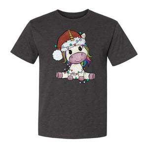 Christmas Unicorn T-Shirt, Kawaii Santa Hat and String Lights Graphic for Girls and Festive Parties