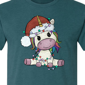 Christmas Unicorn T-Shirt, Kawaii Santa Hat and String Lights Graphic for Girls and Festive Parties