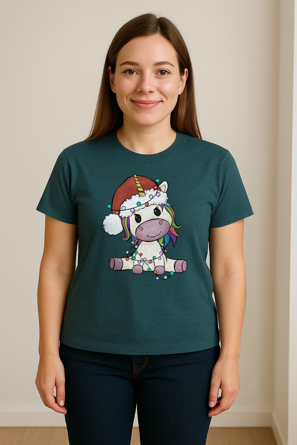 Christmas Unicorn T-Shirt, Kawaii Santa Hat and String Lights Graphic for Girls and Festive Parties