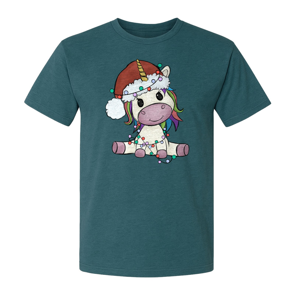 Christmas Unicorn T-Shirt, Kawaii Santa Hat and String Lights Graphic for Girls and Festive Parties