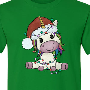 Christmas Unicorn T-Shirt, Kawaii Santa Hat and String Lights Graphic for Girls and Festive Parties