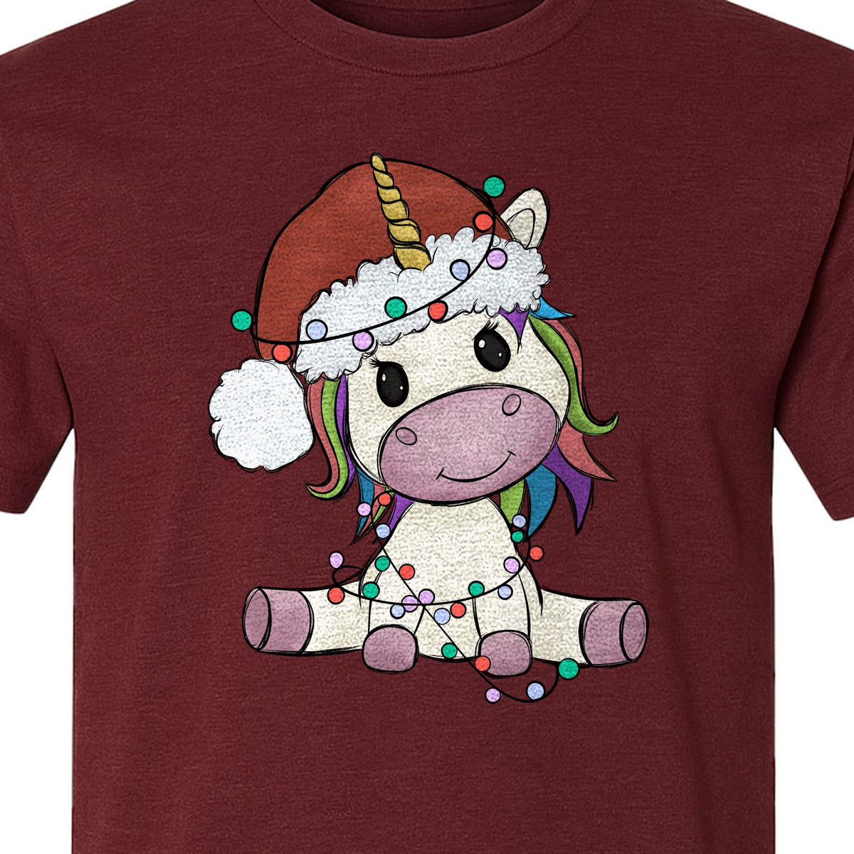 Christmas Unicorn T-Shirt, Kawaii Santa Hat and String Lights Graphic for Girls and Festive Parties