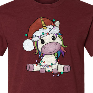 Christmas Unicorn T-Shirt, Kawaii Santa Hat and String Lights Graphic for Girls and Festive Parties