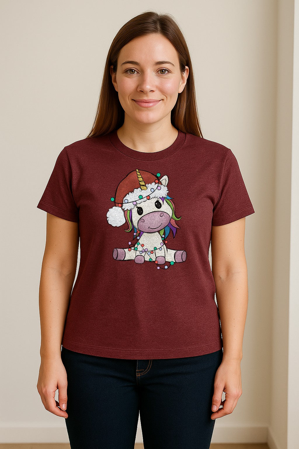 Christmas Unicorn T-Shirt, Kawaii Santa Hat and String Lights Graphic for Girls and Festive Parties