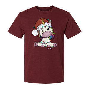 Christmas Unicorn T-Shirt, Kawaii Santa Hat and String Lights Graphic for Girls and Festive Parties