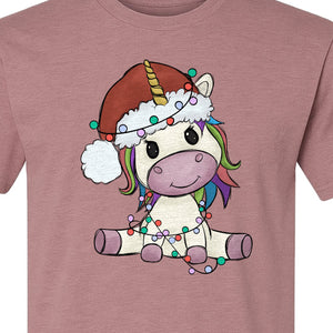 Christmas Unicorn T-Shirt, Kawaii Santa Hat and String Lights Graphic for Girls and Festive Parties