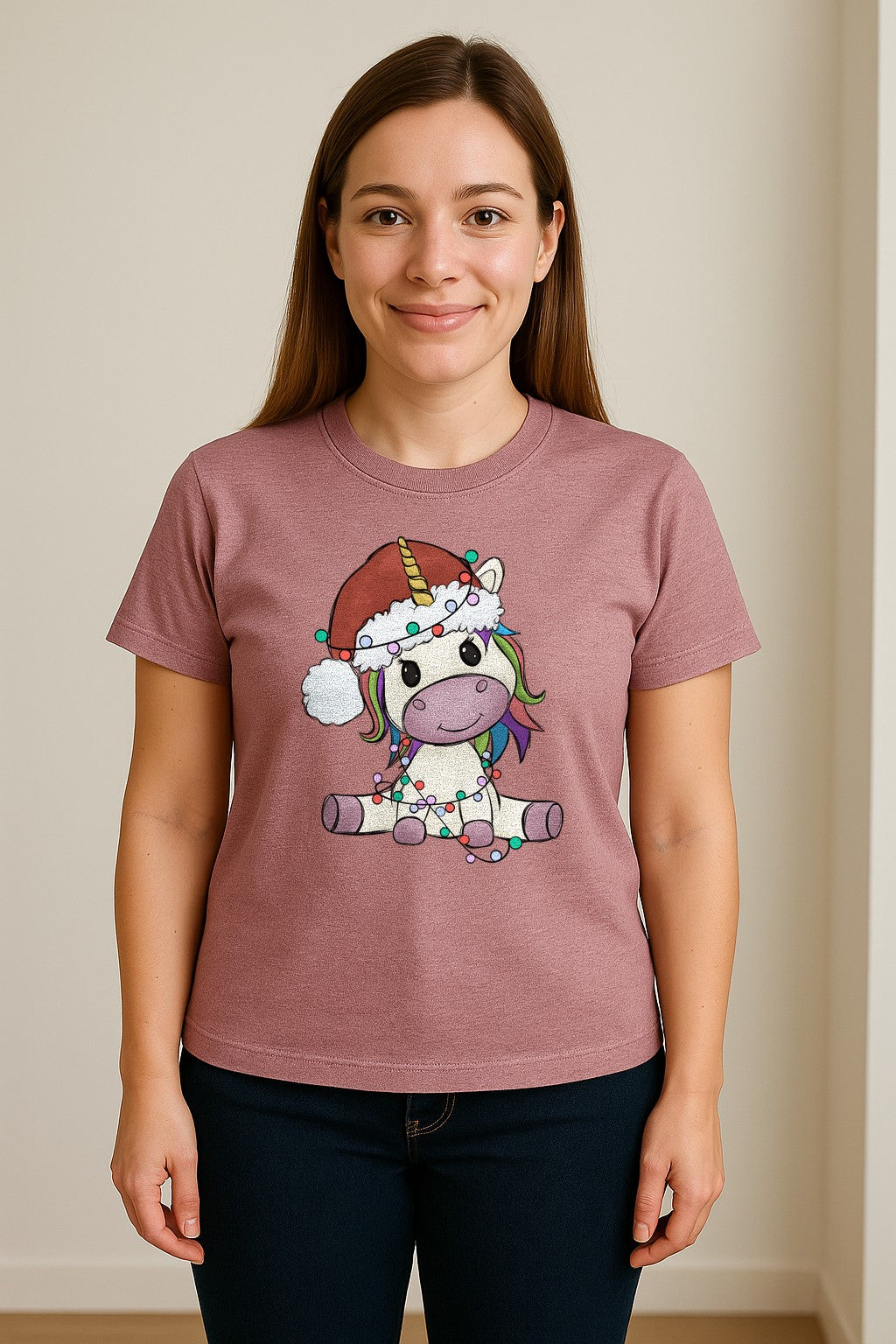 Christmas Unicorn T-Shirt, Kawaii Santa Hat and String Lights Graphic for Girls and Festive Parties