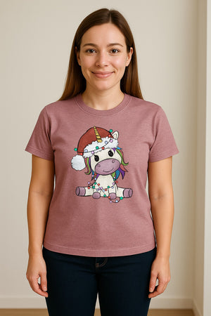 Christmas Unicorn T-Shirt, Kawaii Santa Hat and String Lights Graphic for Girls and Festive Parties