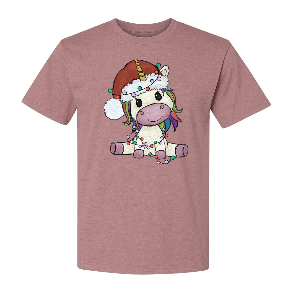 Christmas Unicorn T-Shirt, Kawaii Santa Hat and String Lights Graphic for Girls and Festive Parties