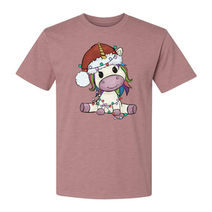 Christmas Unicorn T-Shirt, Kawaii Santa Hat and String Lights Graphic for Girls and Festive Parties