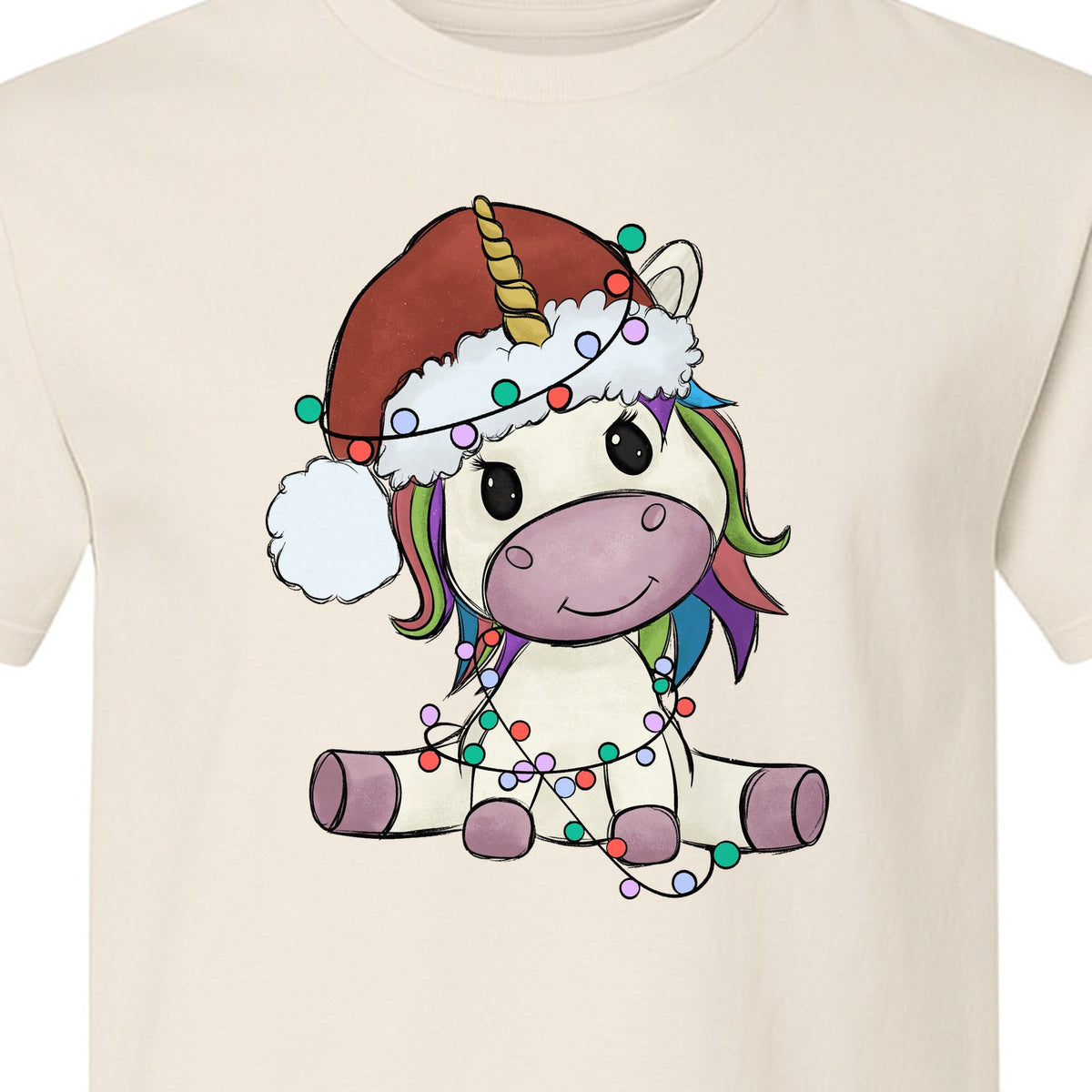 Christmas Unicorn T-Shirt, Kawaii Santa Hat and String Lights Graphic for Girls and Festive Parties