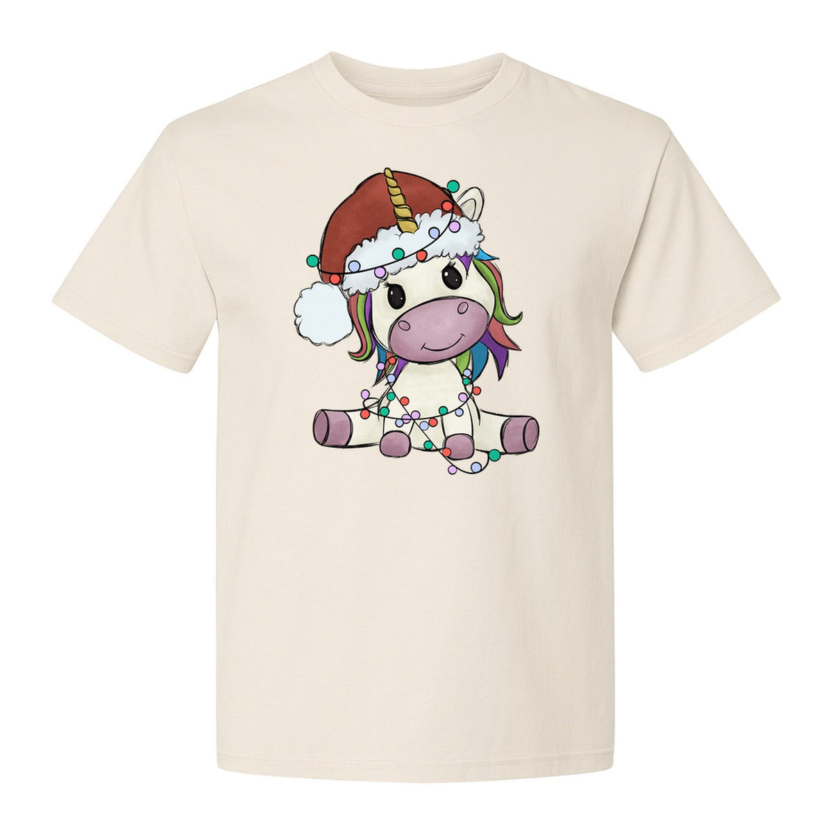 Christmas Unicorn T-Shirt, Kawaii Santa Hat and String Lights Graphic for Girls and Festive Parties