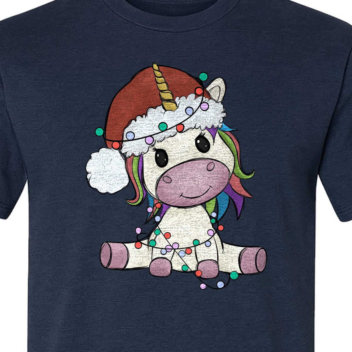 Christmas Unicorn T-Shirt, Kawaii Santa Hat and String Lights Graphic for Girls and Festive Parties