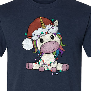 Christmas Unicorn T-Shirt, Kawaii Santa Hat and String Lights Graphic for Girls and Festive Parties