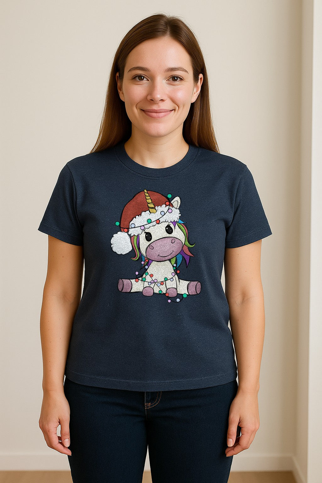 Christmas Unicorn T-Shirt, Kawaii Santa Hat and String Lights Graphic for Girls and Festive Parties