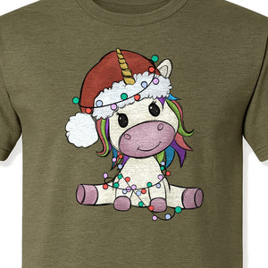 Christmas Unicorn T-Shirt, Kawaii Santa Hat and String Lights Graphic for Girls and Festive Parties