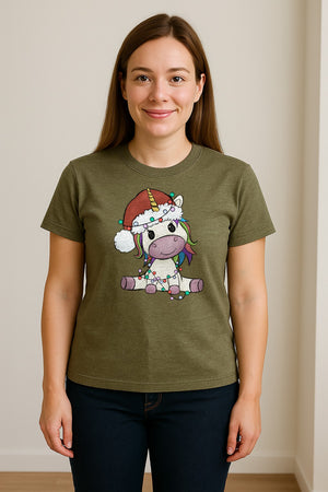 Christmas Unicorn T-Shirt, Kawaii Santa Hat and String Lights Graphic for Girls and Festive Parties
