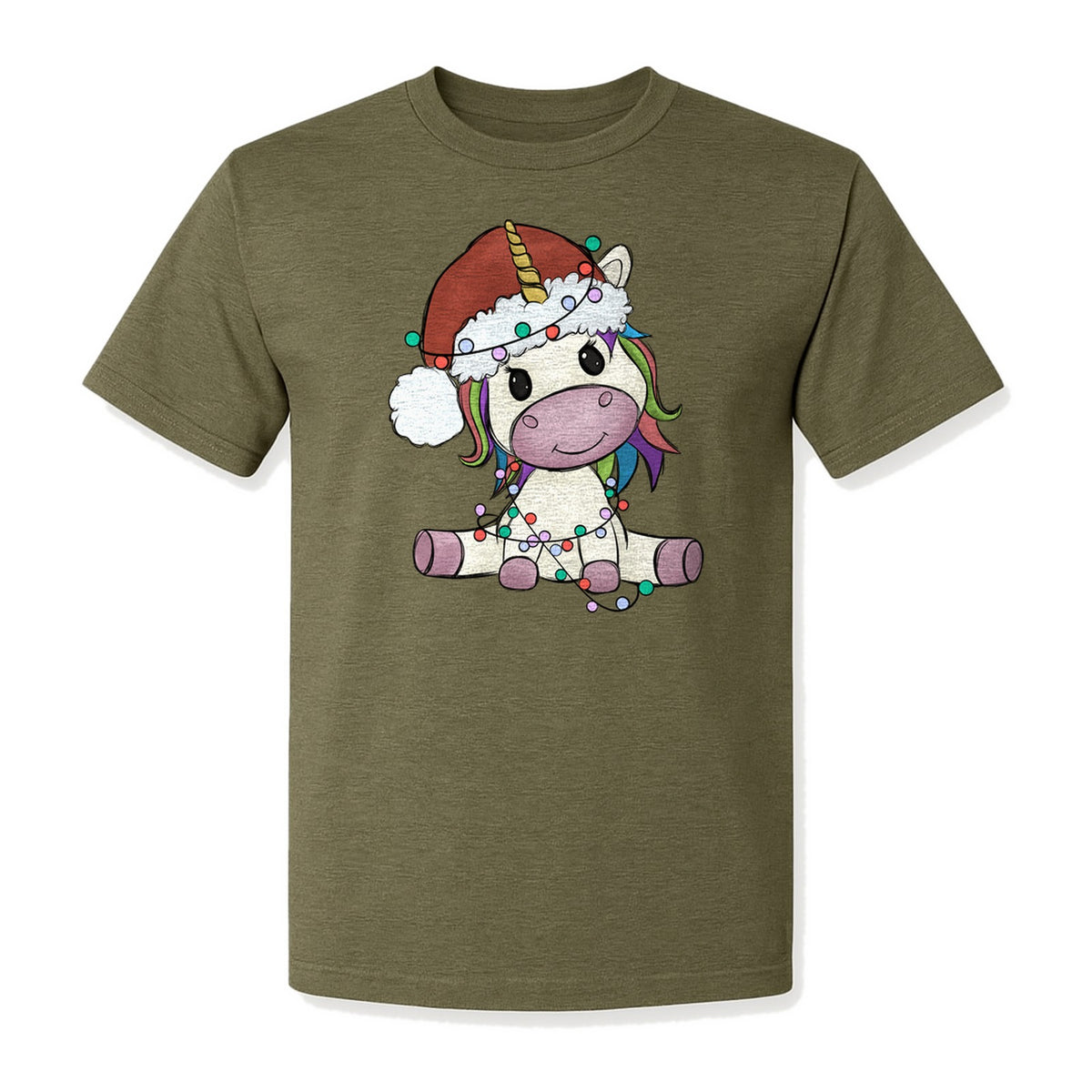 Christmas Unicorn T-Shirt, Kawaii Santa Hat and String Lights Graphic for Girls and Festive Parties