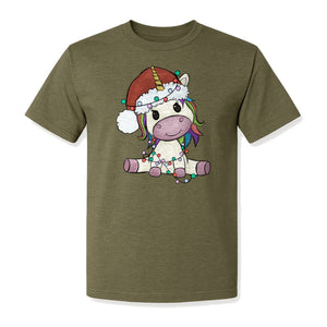 Christmas Unicorn T-Shirt, Kawaii Santa Hat and String Lights Graphic for Girls and Festive Parties