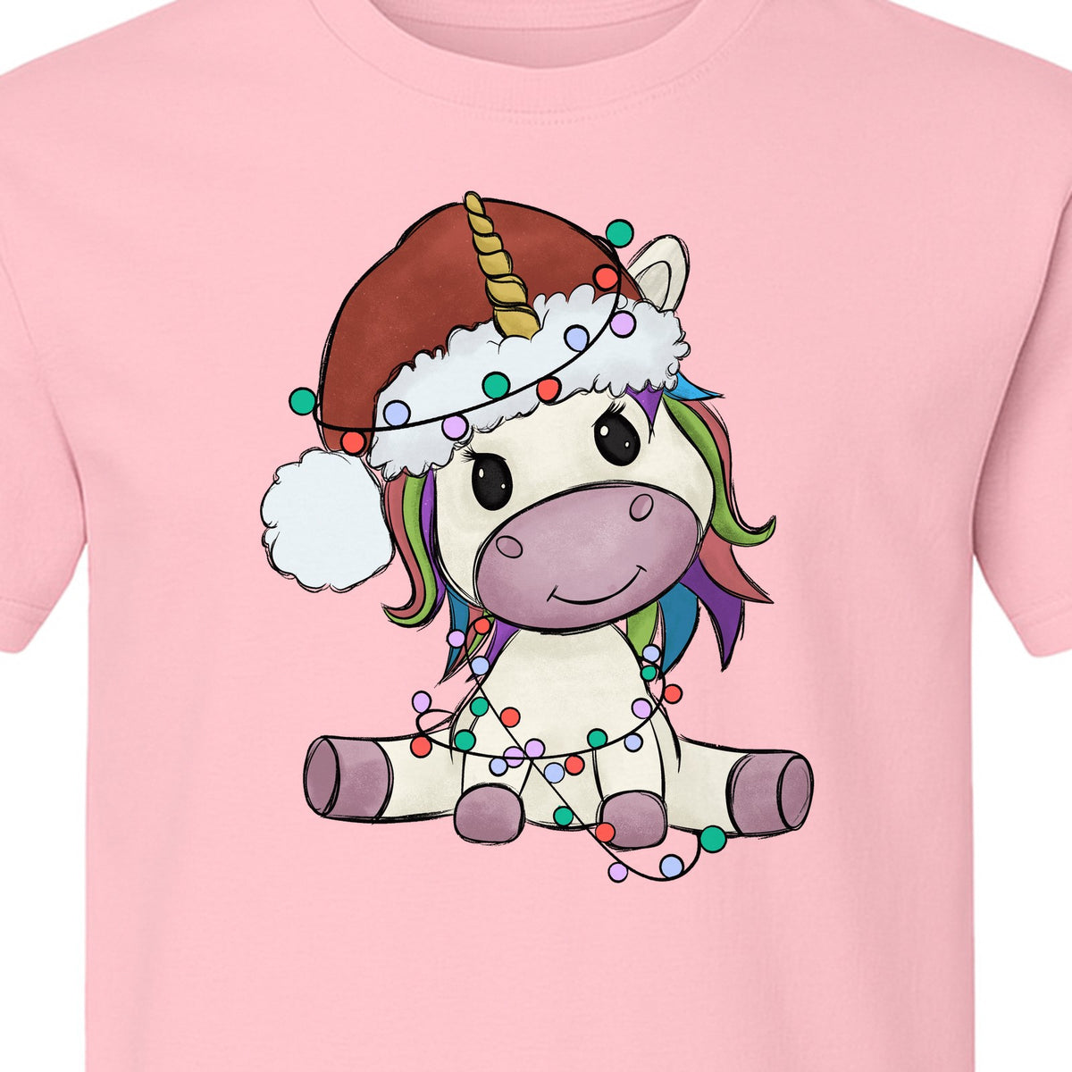 Christmas Unicorn T-Shirt, Kawaii Santa Hat and String Lights Graphic for Girls and Festive Parties