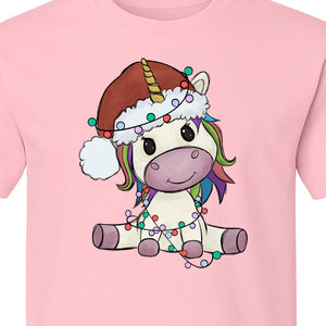 Christmas Unicorn T-Shirt, Kawaii Santa Hat and String Lights Graphic for Girls and Festive Parties
