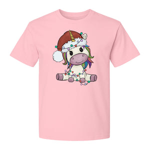 Christmas Unicorn T-Shirt, Kawaii Santa Hat and String Lights Graphic for Girls and Festive Parties