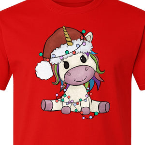 Christmas Unicorn T-Shirt, Kawaii Santa Hat and String Lights Graphic for Girls and Festive Parties