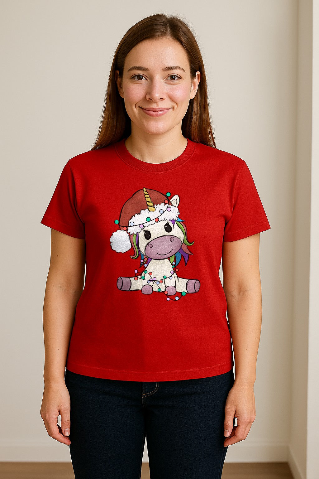 Christmas Unicorn T-Shirt, Kawaii Santa Hat and String Lights Graphic for Girls and Festive Parties