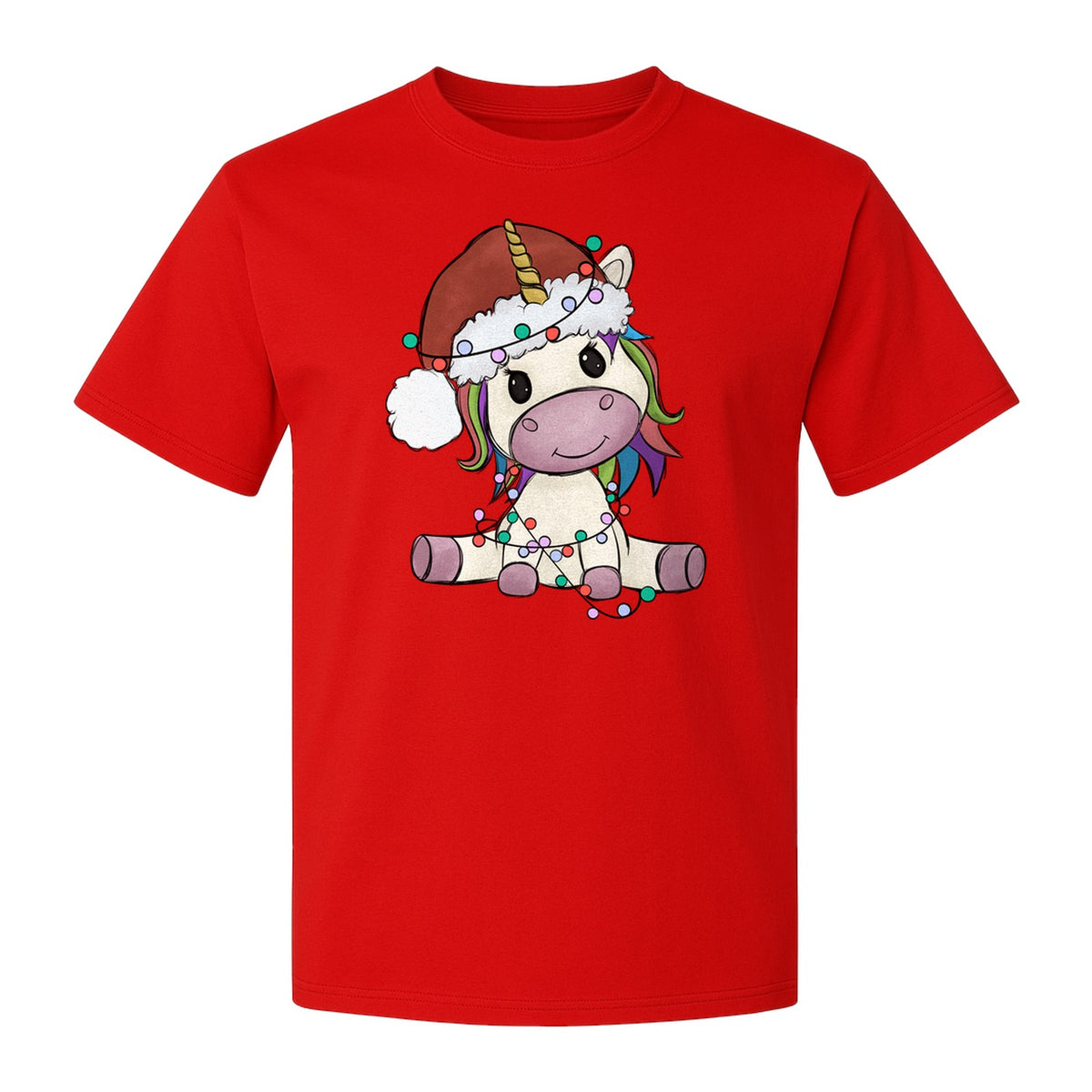 Christmas Unicorn T-Shirt, Kawaii Santa Hat and String Lights Graphic for Girls and Festive Parties