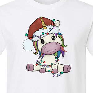 Christmas Unicorn T-Shirt, Kawaii Santa Hat and String Lights Graphic for Girls and Festive Parties
