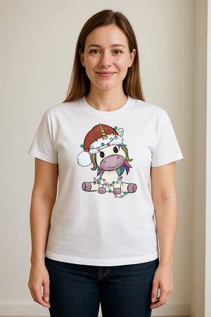 Christmas Unicorn T-Shirt, Kawaii Santa Hat and String Lights Graphic for Girls and Festive Parties