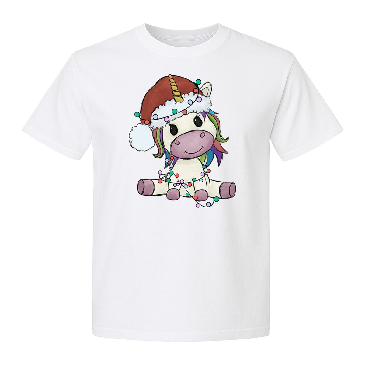 Christmas Unicorn T-Shirt, Kawaii Santa Hat and String Lights Graphic for Girls and Festive Parties