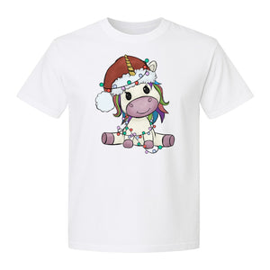Christmas Unicorn T-Shirt, Kawaii Santa Hat and String Lights Graphic for Girls and Festive Parties