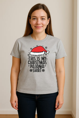 Christmas Pajama T-Shirt with Santa Hat and Snowflakes for Matching Family Sleepwear and Holiday Parties