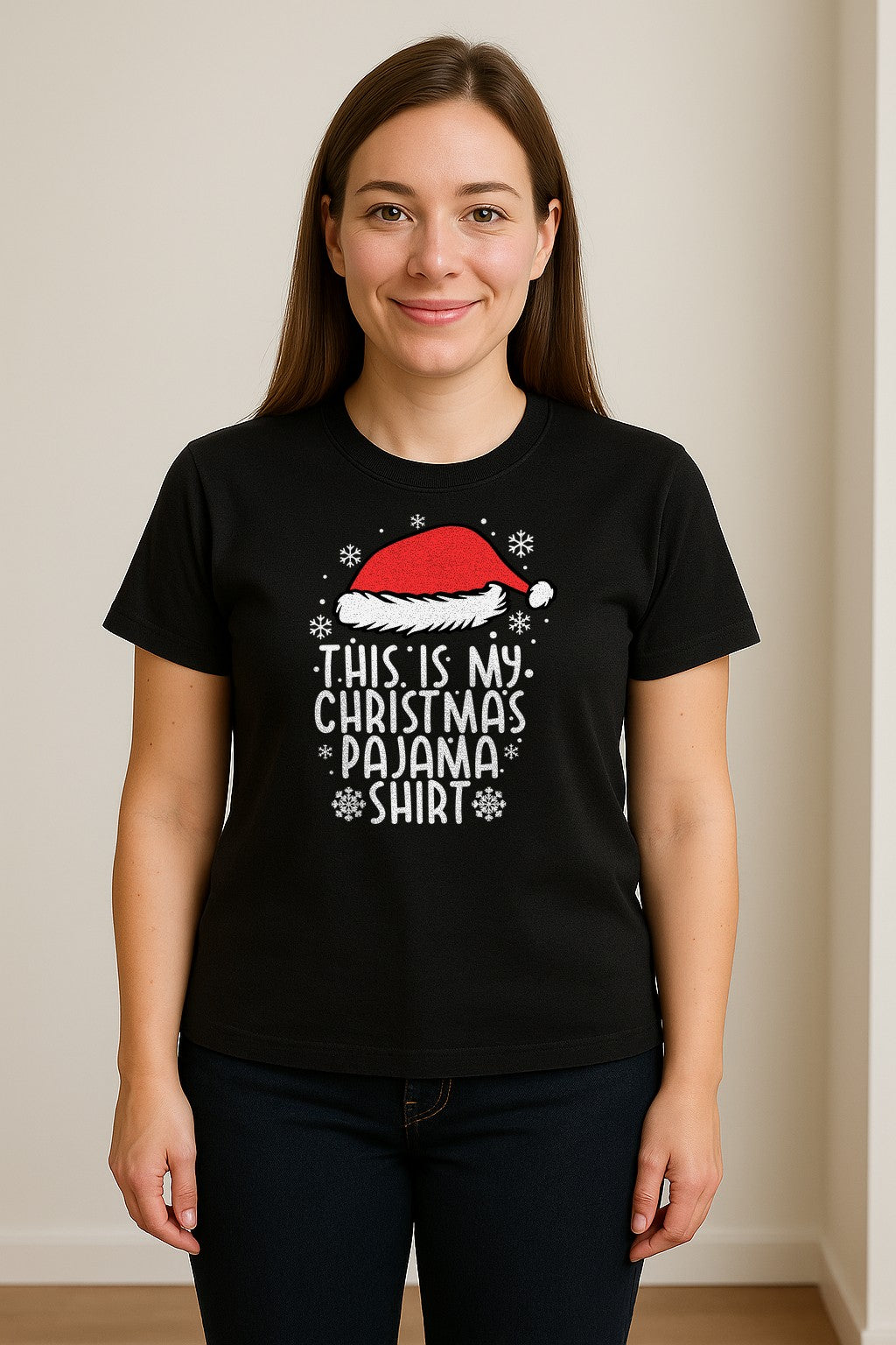 Christmas Pajama T-Shirt with Santa Hat and Snowflakes for Matching Family Sleepwear and Holiday Parties