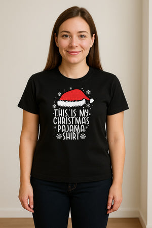 Christmas Pajama T-Shirt with Santa Hat and Snowflakes for Matching Family Sleepwear and Holiday Parties