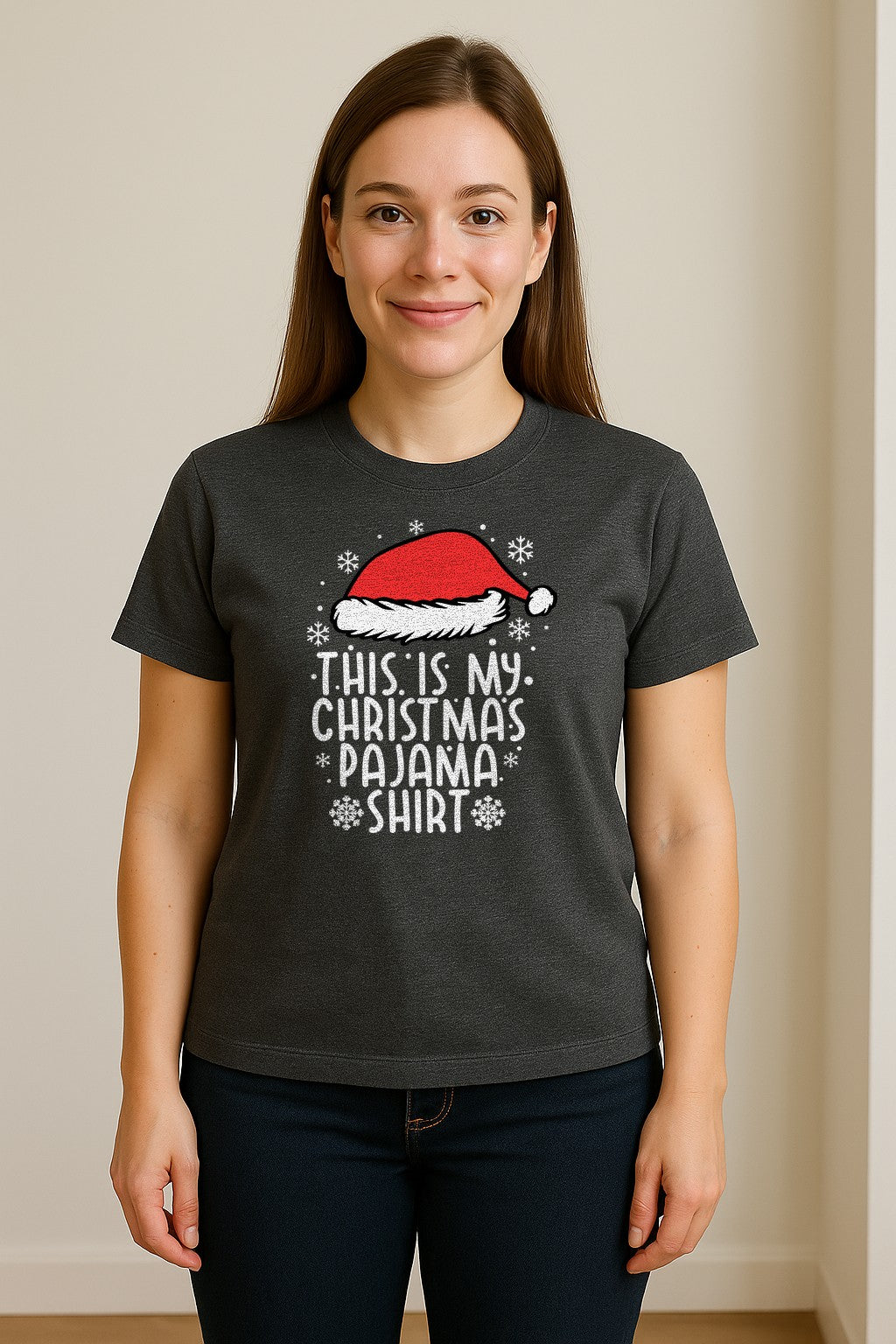 Christmas Pajama T-Shirt with Santa Hat and Snowflakes for Matching Family Sleepwear and Holiday Parties
