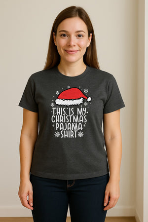 Christmas Pajama T-Shirt with Santa Hat and Snowflakes for Matching Family Sleepwear and Holiday Parties